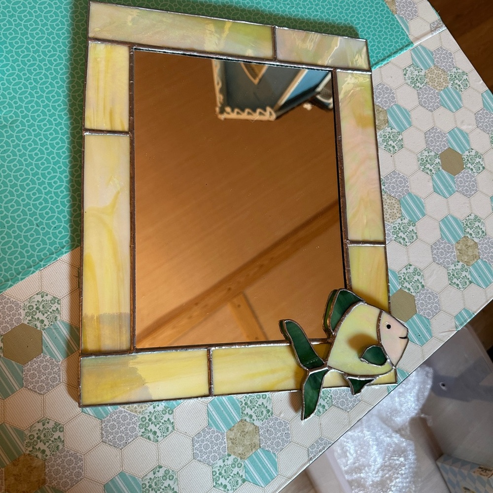Yellow Green Stained Glass Fish Mirror
